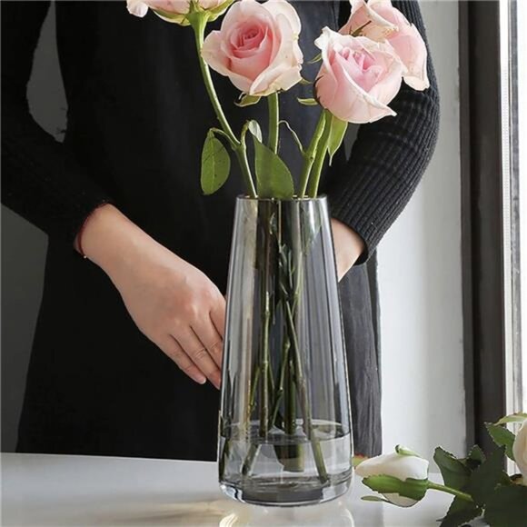 NEW West Elm XL Black Smoke Boho Clear Crystal Glass Cylinder Flower Vase Decor - Picture 6 of 10